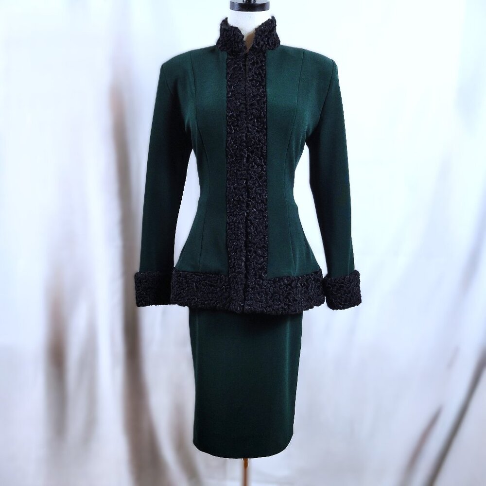 Rare Lillie Rubin Two Piece Suit - Dark Green with Faux Fur Trim - Size Small